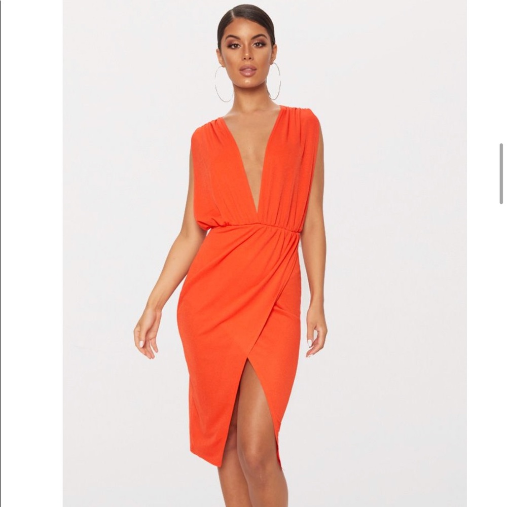 Orange ruched shoulder plunge midi dress